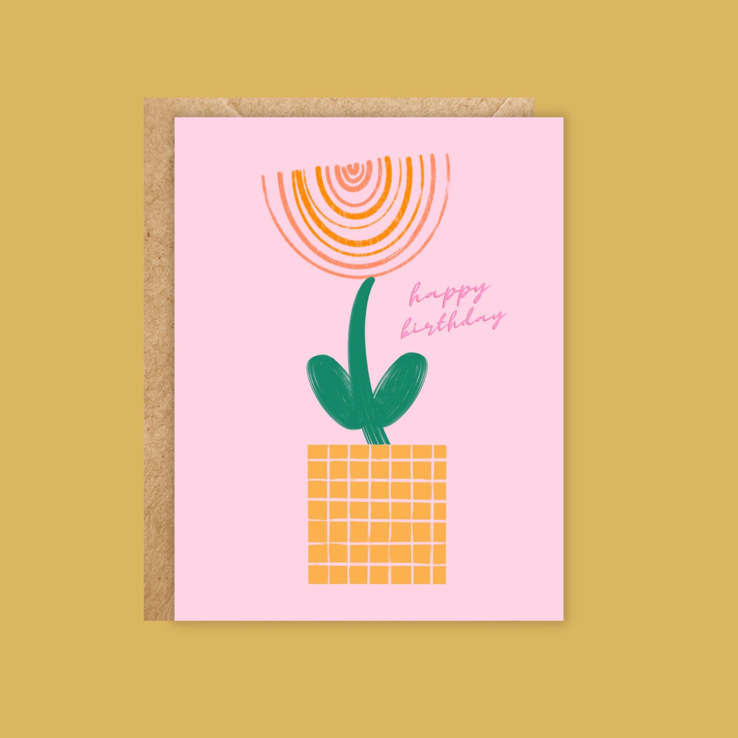 Pink background portrait size. Abstract flower in yellow, green and orange. Text says happy birthday
