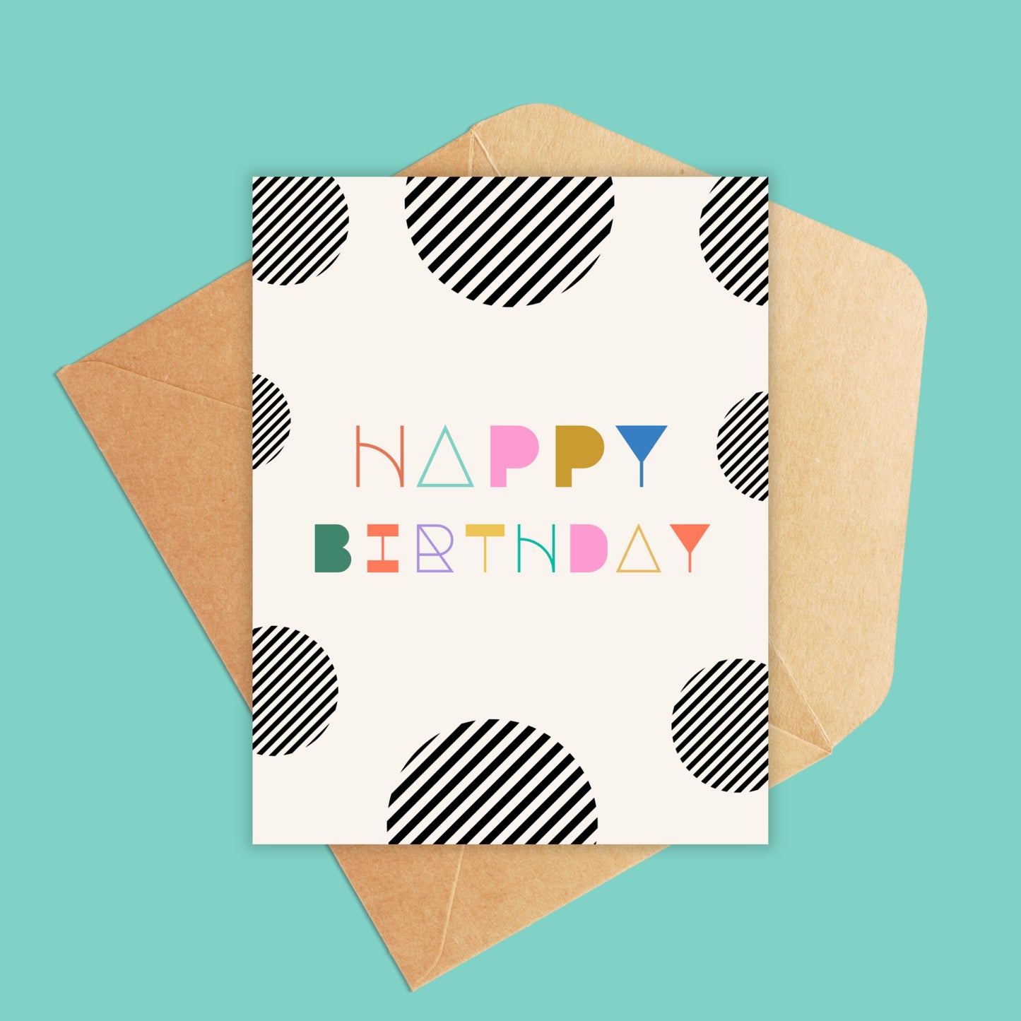 black and white abstract dots with happy birthday in the middle with colorful letters