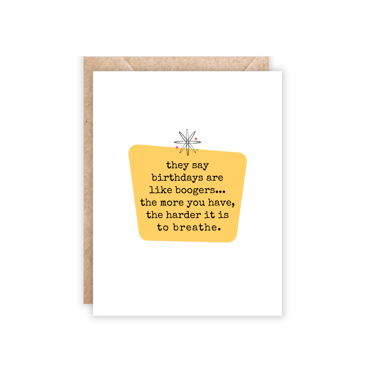card that says 'they say birthdays are like boogers, the more you have, the harder it is to breathe.