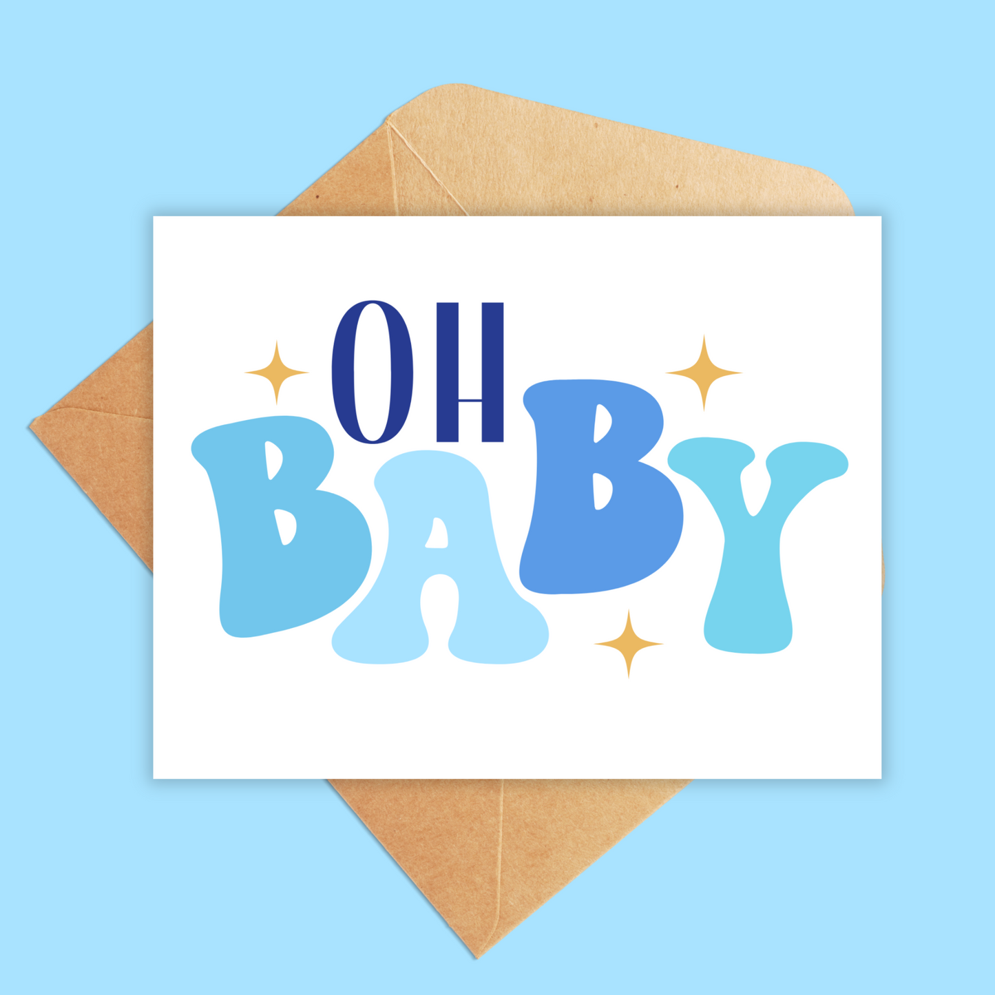 White landscape card with Oh Baby text in retro bubble letters in different shades of blue