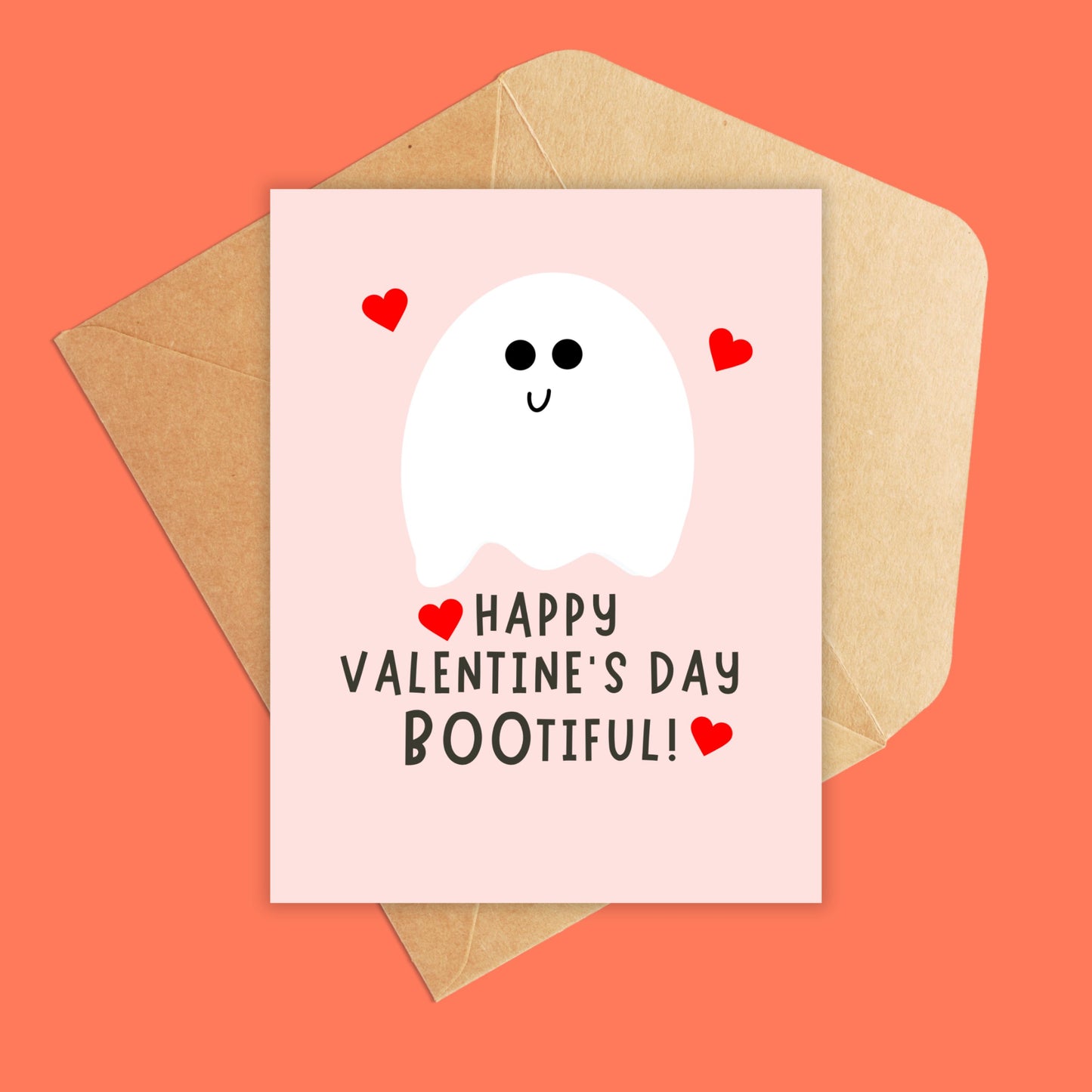 Valentine's day card with cute white ghost and red tiny hearts and text reads happy valentine's day bootiful