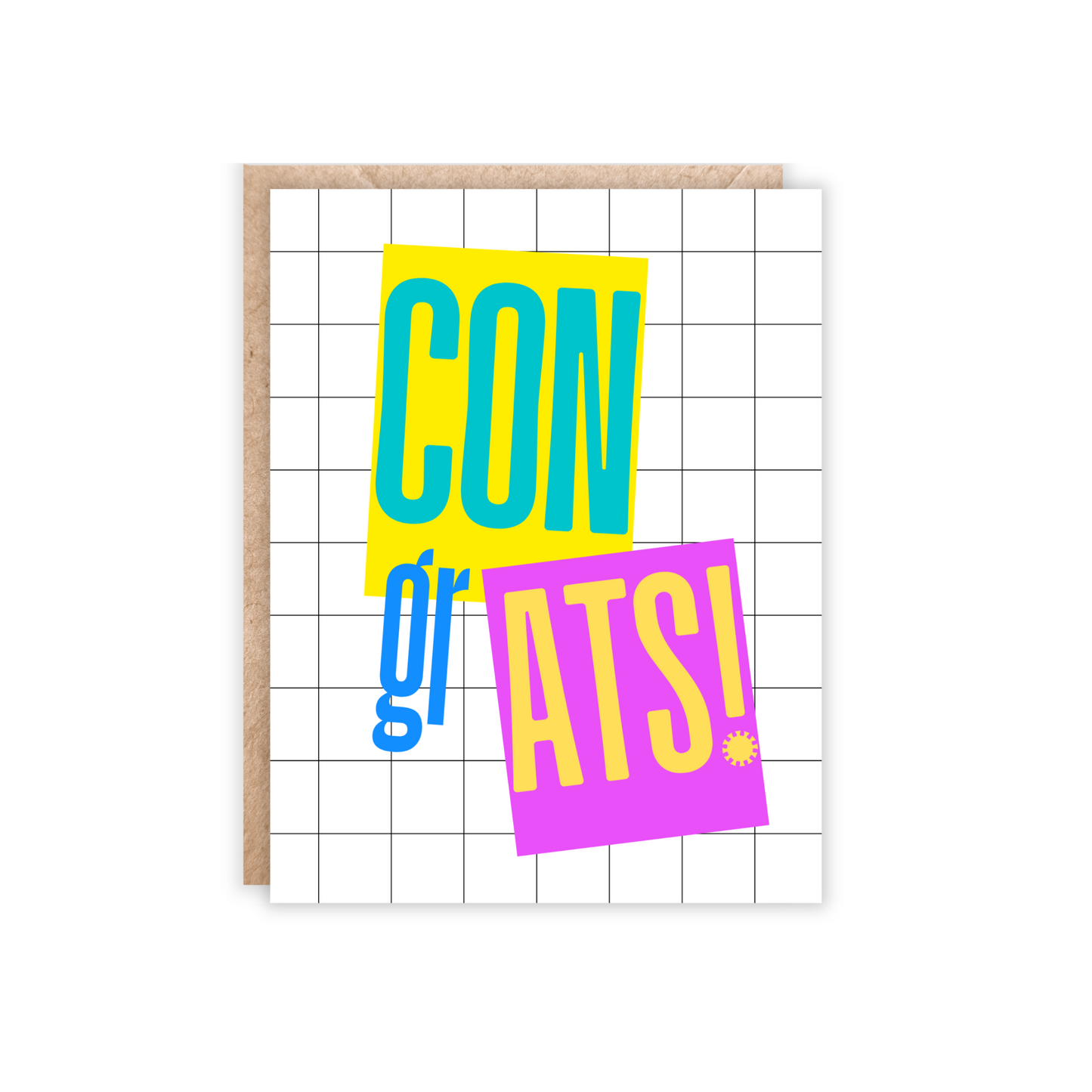 white and black check background pattern with the word congrats split and highlighted in yellow, blue and purple.