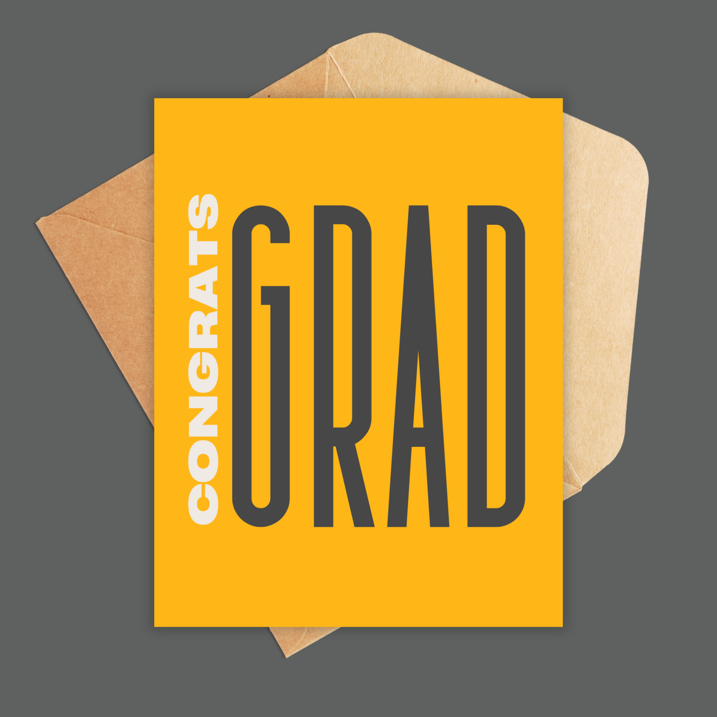 Bright yellow portrait card with congrats in white going vertical and grad in big black letters going horizontal