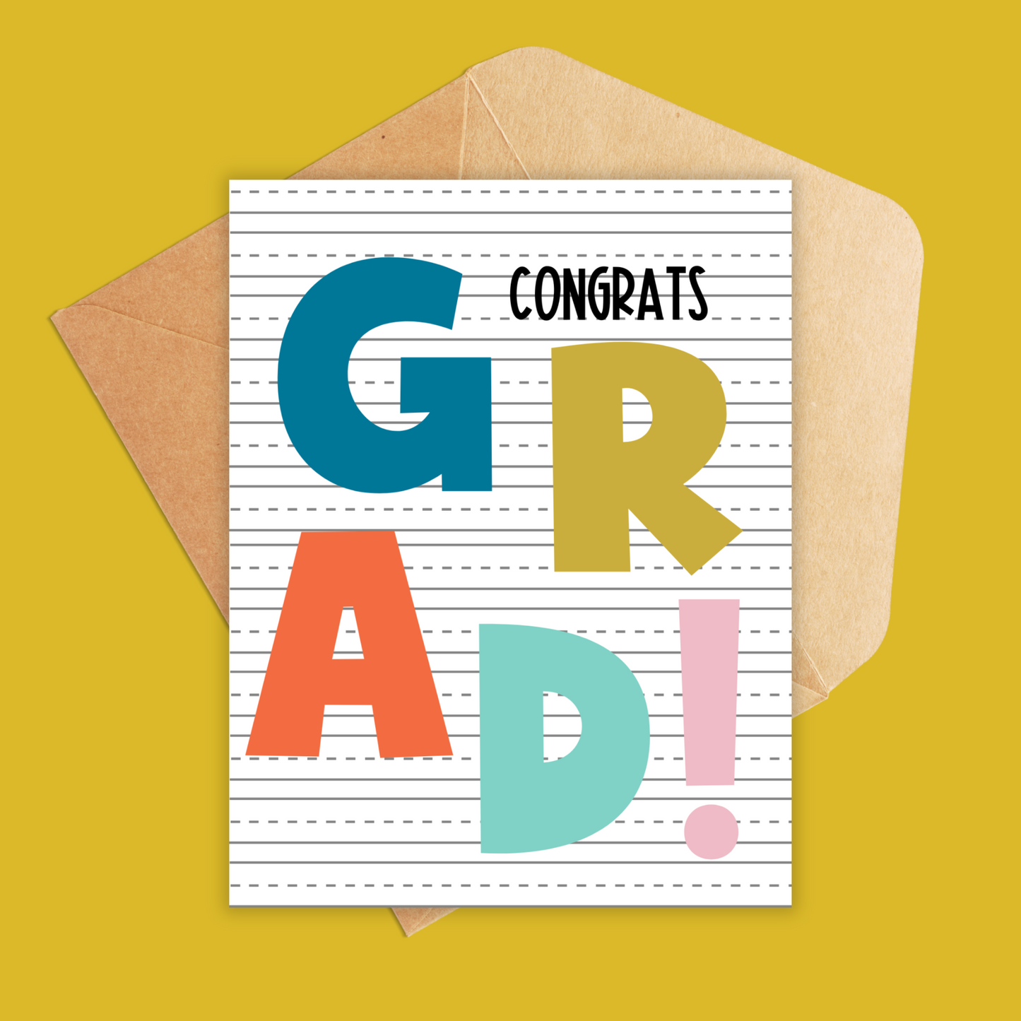 White and black lines background with congrats in black in smaller font and grad in big bold letters in blue, yellow, orange and teal.