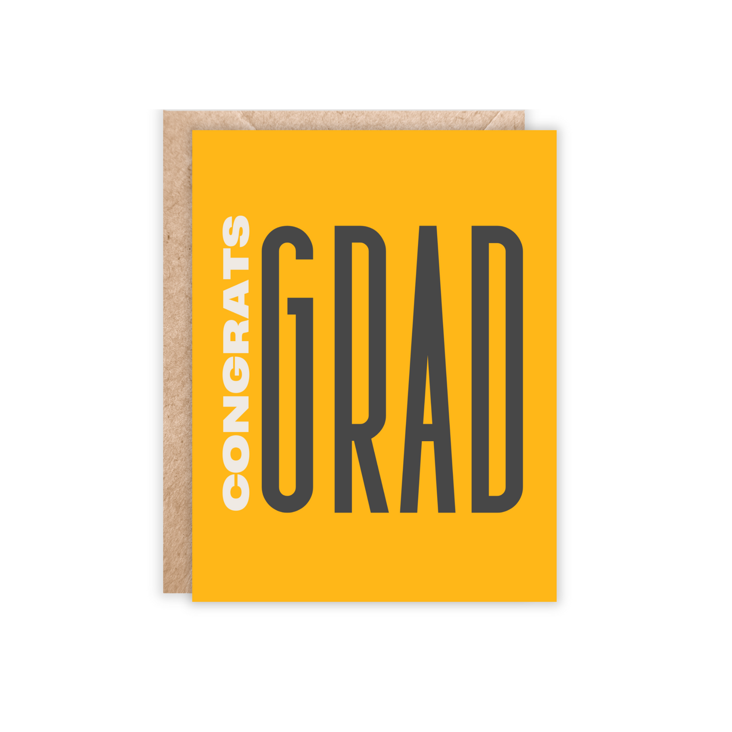 Bright yellow portrait card with congrats in white going vertical and grad in big black letters going horizontal