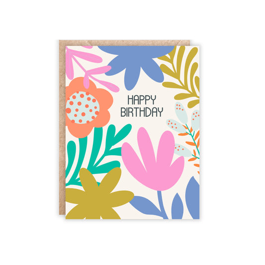 greeting card with abstract floral flowers placed around on the card with happy birthday in the middle