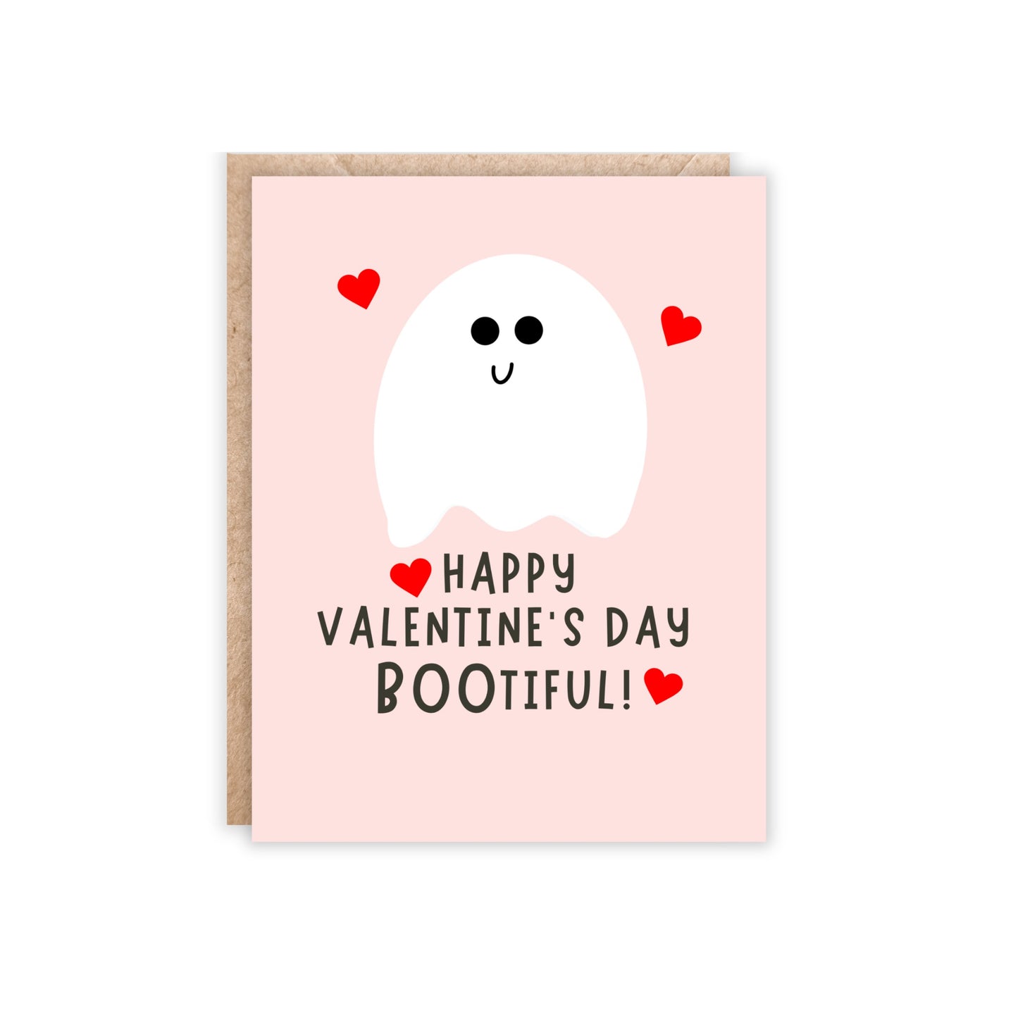 card with pink background and cute ghost with red hearts and underneath text reads 'Happy Valentine's Day BOOtiful!'