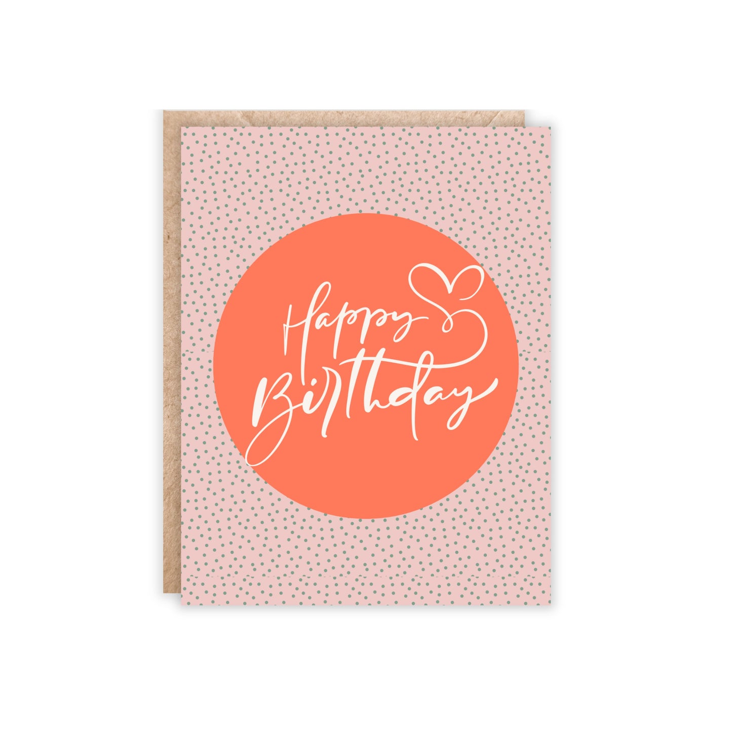 Portrait greeting card. polka dot background. orange circle with happy birthday in white in the middle.