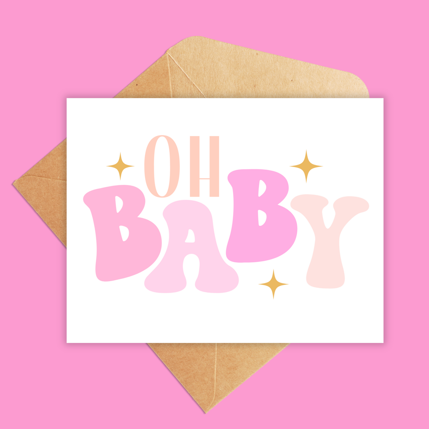 White landscape card with Oh Baby text in retro bubble letters in different shades of pink