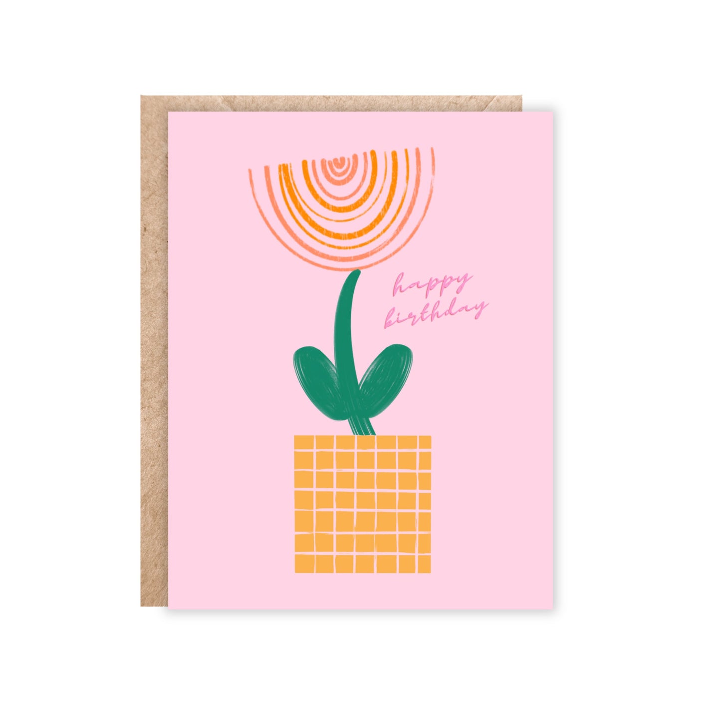 Pink background portrait size. Abstract flower in yellow, green and orange. Text says happy birthday