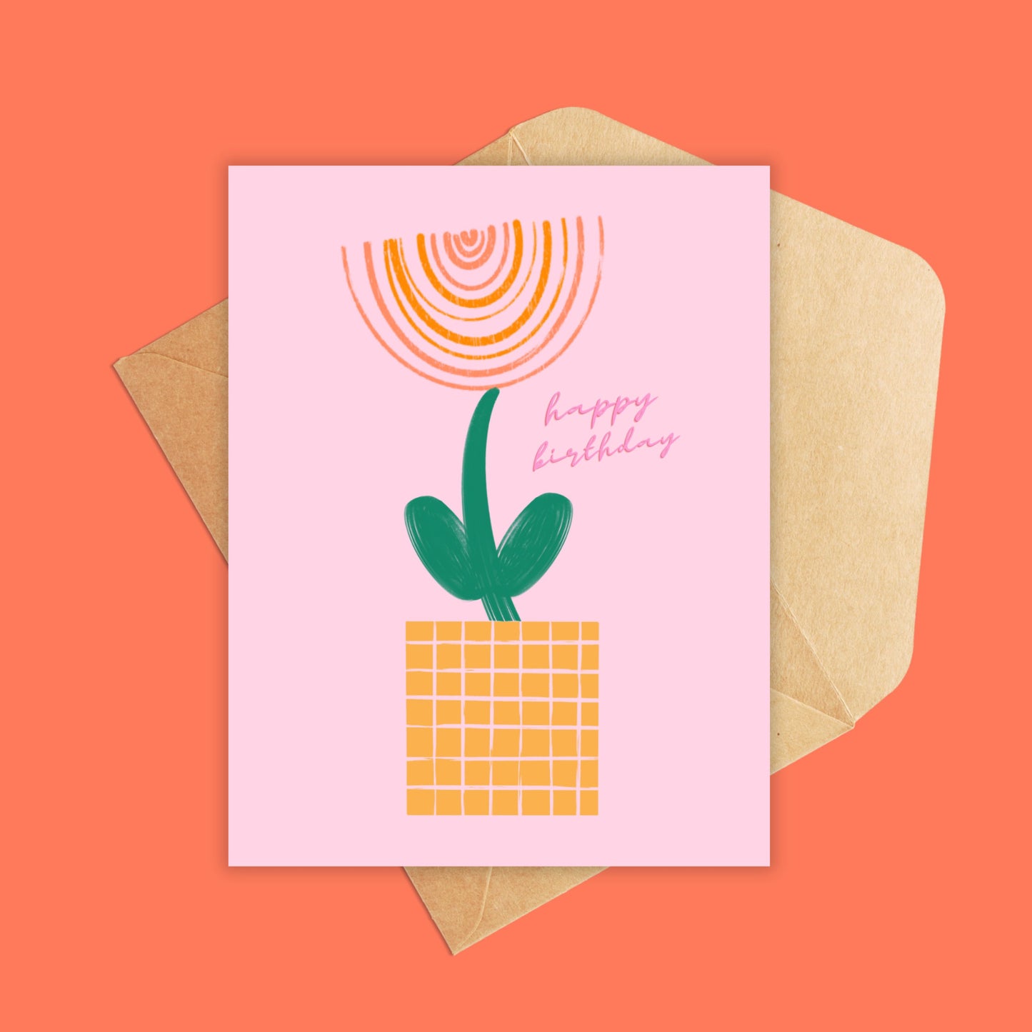 Pink background portrait size. Abstract flower in yellow, green and orange. Text says happy birthday