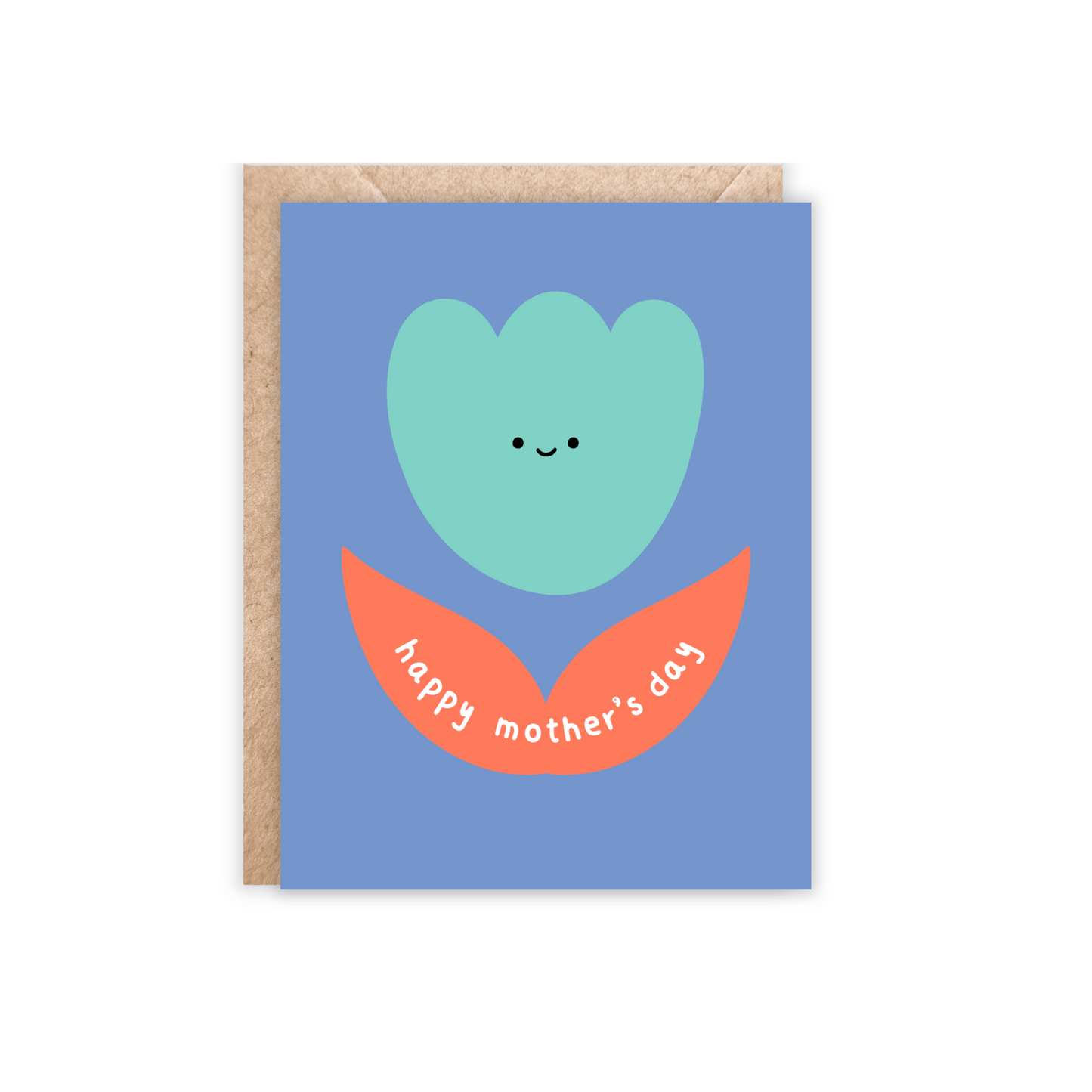 Greeting card with blue background and an orange and teal abstract tulip. Has a tiny smiley face and happy mother's day written in the leaves.