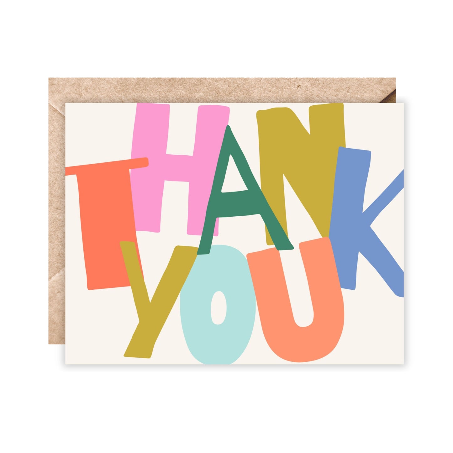 card in landscape orientation. text is thank you in big letters in multiple colors of orange, pink, green, mint, yellow and blue
