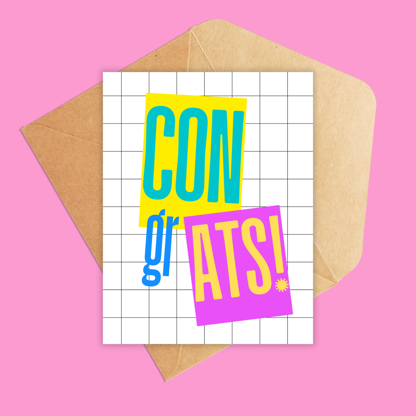 white and black check background pattern with the word congrats split and highlighted in yellow, blue and purple.
