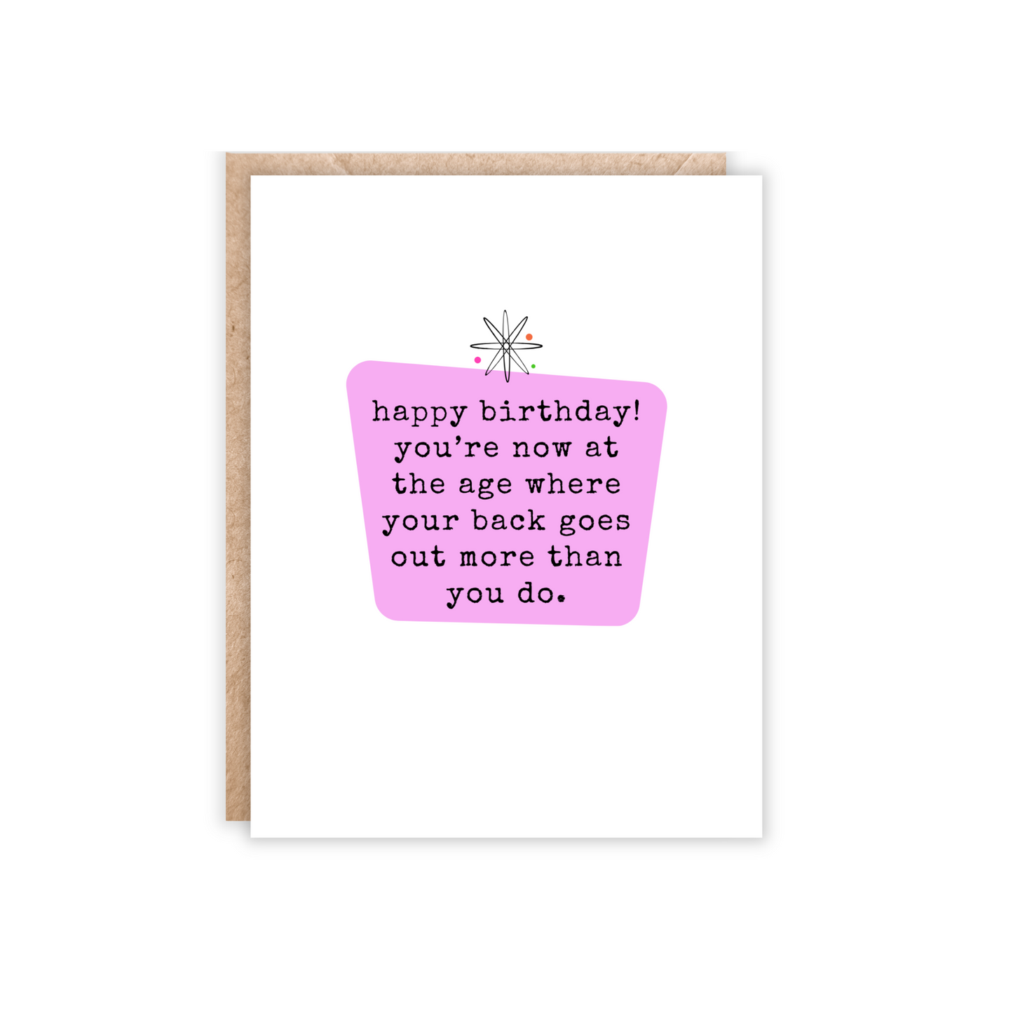 White portrait size greeting card with a purple mid century style square and text that says 'happy birthday!" you're now at the age where your back goes out more than you do.