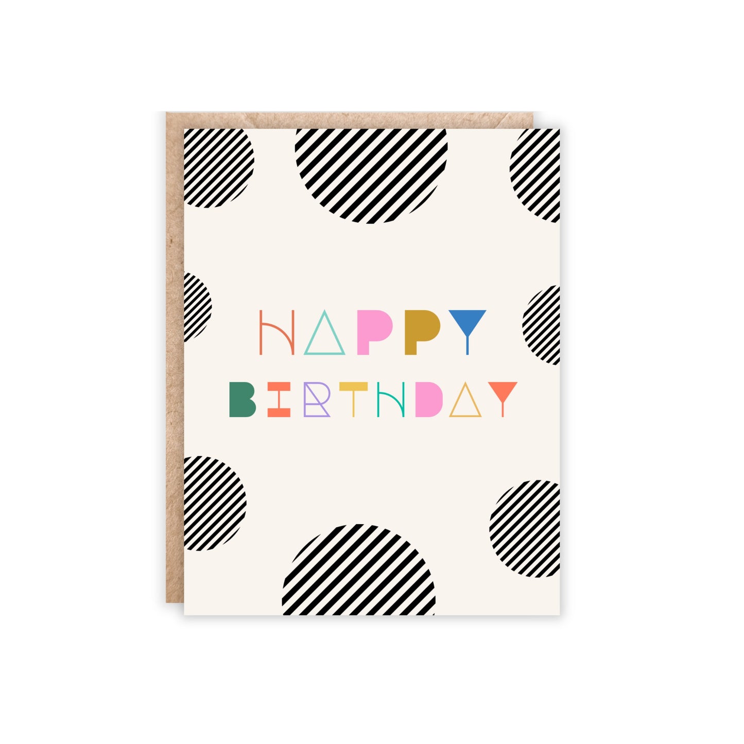 greeting card with black and white abstract dots and happy birthday in colorful letters centered on page