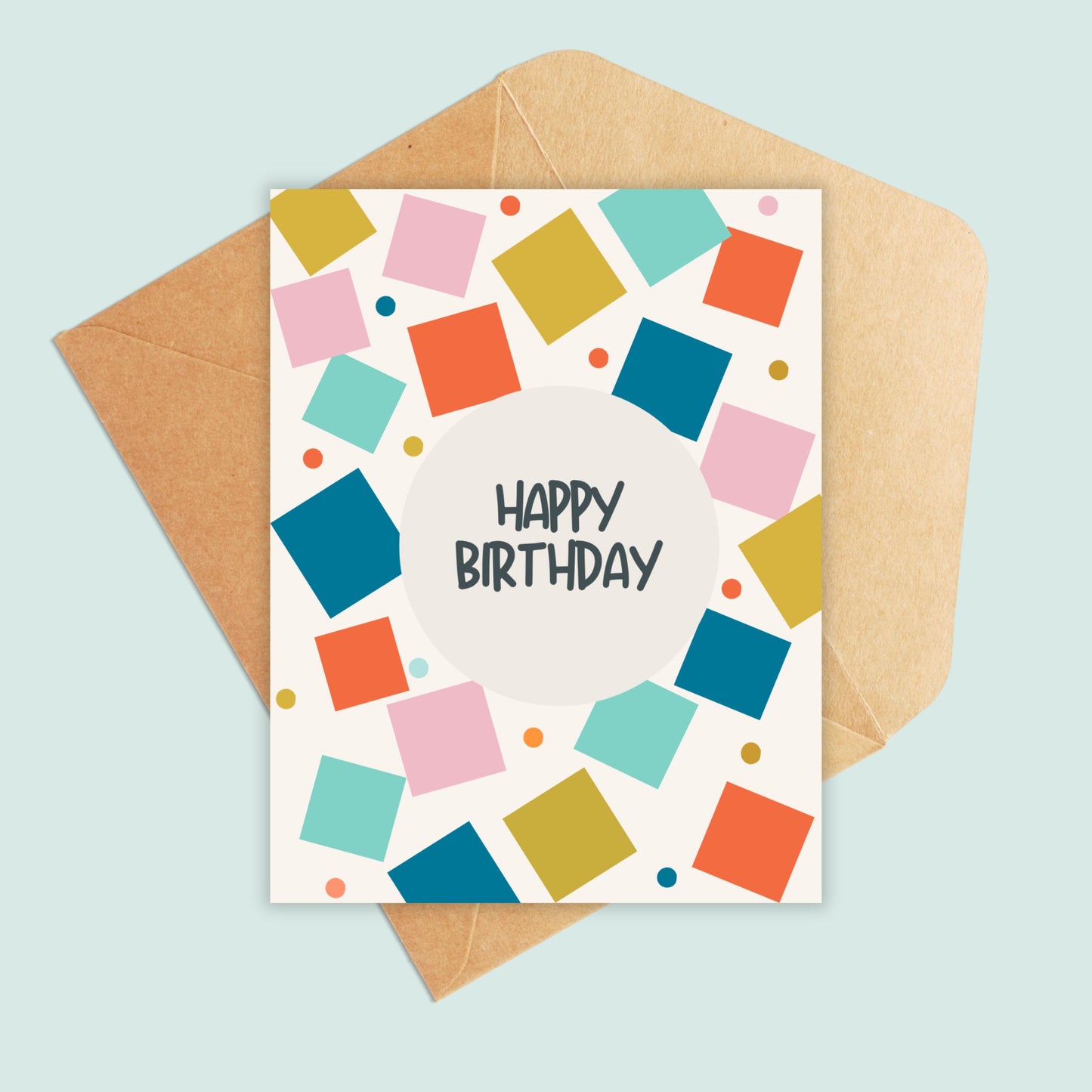 confetti squares birthday card with a kraft envelope