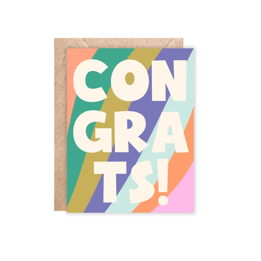 card with congrats in big letters and a rainbow striped background