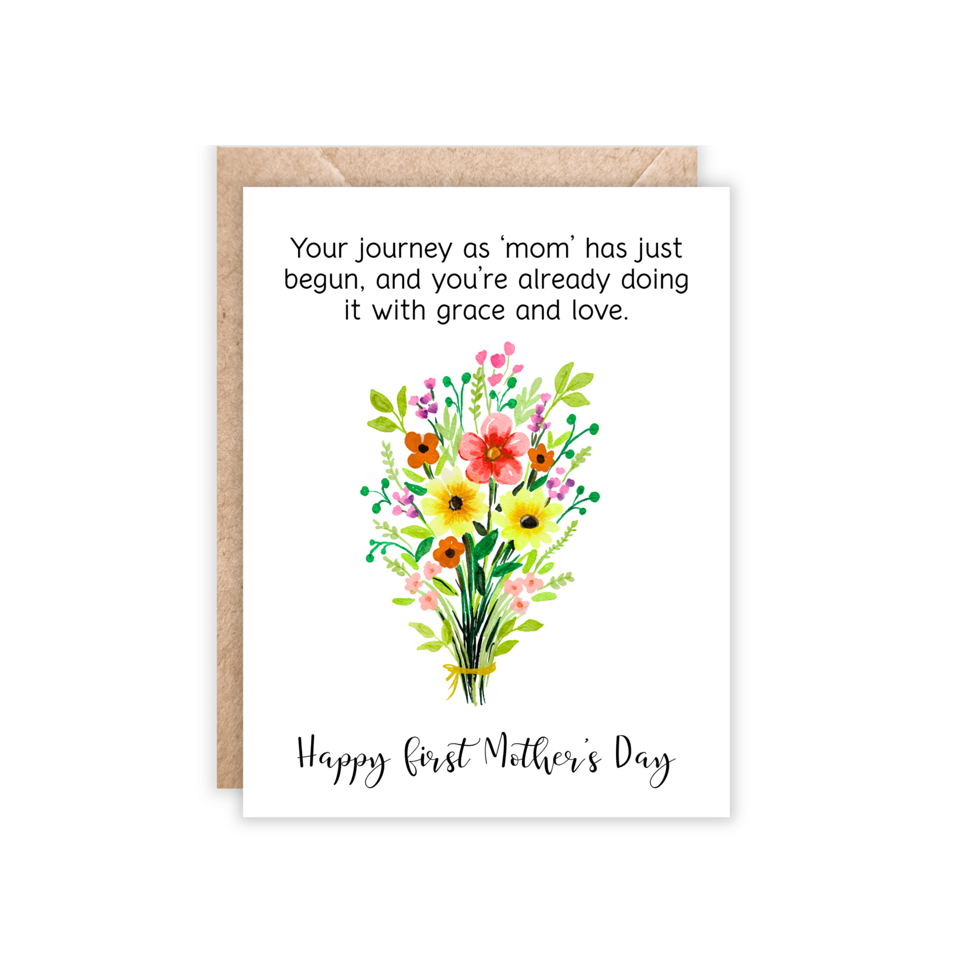 New Mom greeting card that has a bouquet of flowers in the center and above the text says Your journey as 'mom' has just begun but already you're doing it with grace and love. happy first mother's day