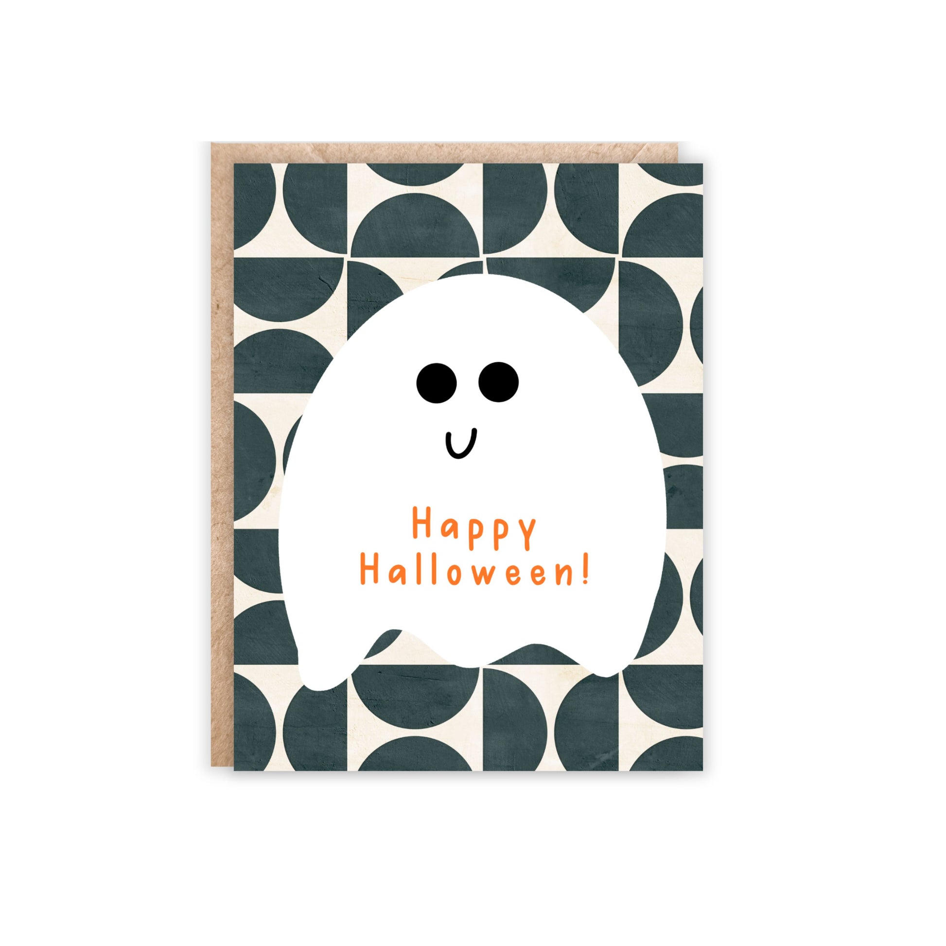 greeting card with black and white background and white ghost in the middle with happy halloween in orange text