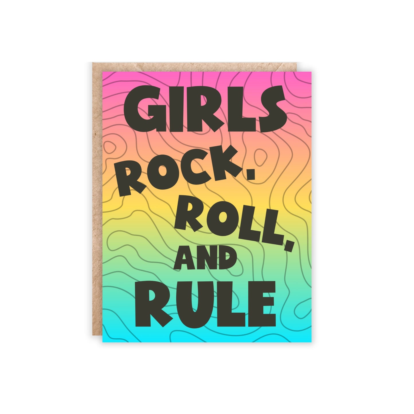 Neon colors in blue, hot pink and yellow background with the text in big bold black letters that says girls rock, roll, and rule