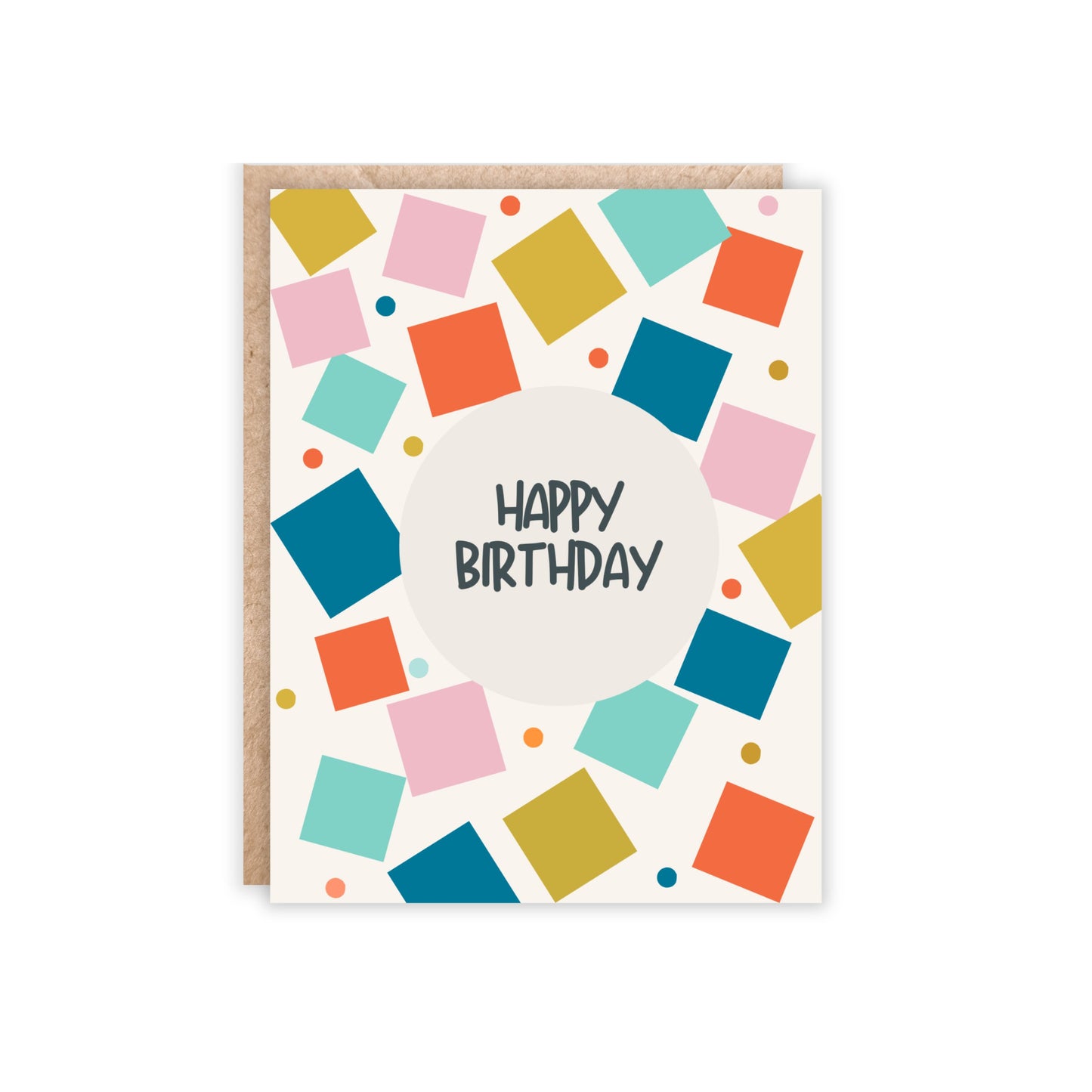 Colorful variety of little squares in multiple colors and happy birthday in the center