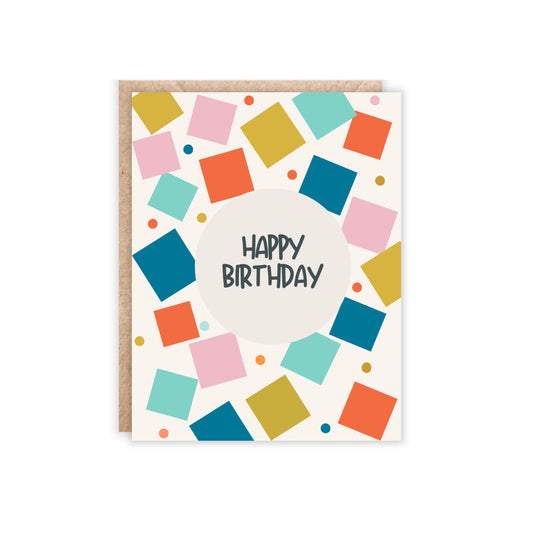 Colorful variety of little squares in multiple colors and happy birthday in the center