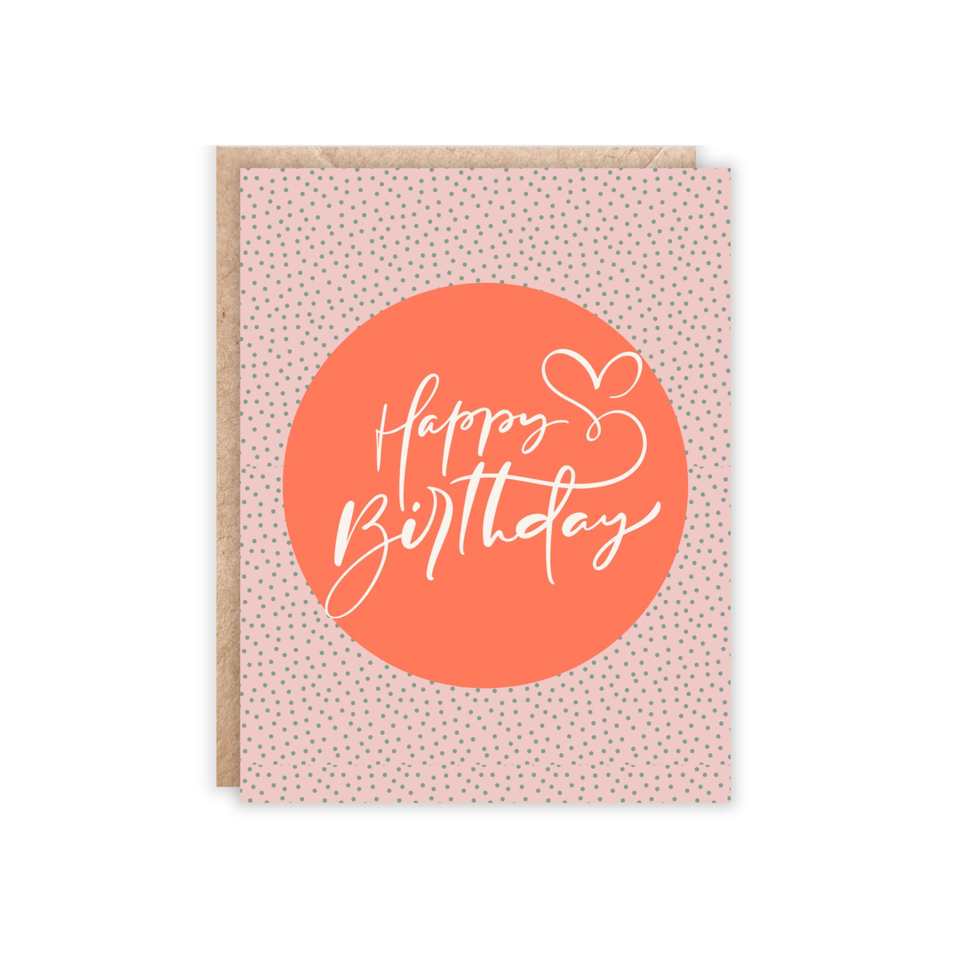 Portrait greeting card. polka dot background. orange circle with happy birthday in white in the middle. 