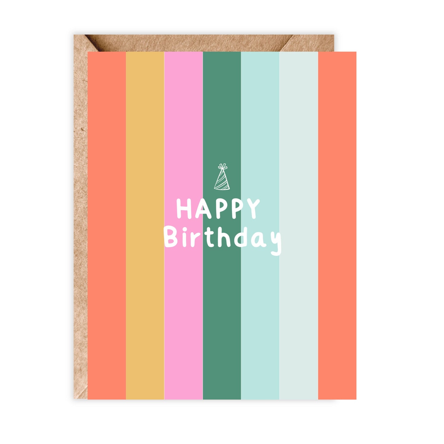 portrait greeting card. vertical lines in orange, yellow, pink, green, light blue, mint and orange. text says happy birthday in white