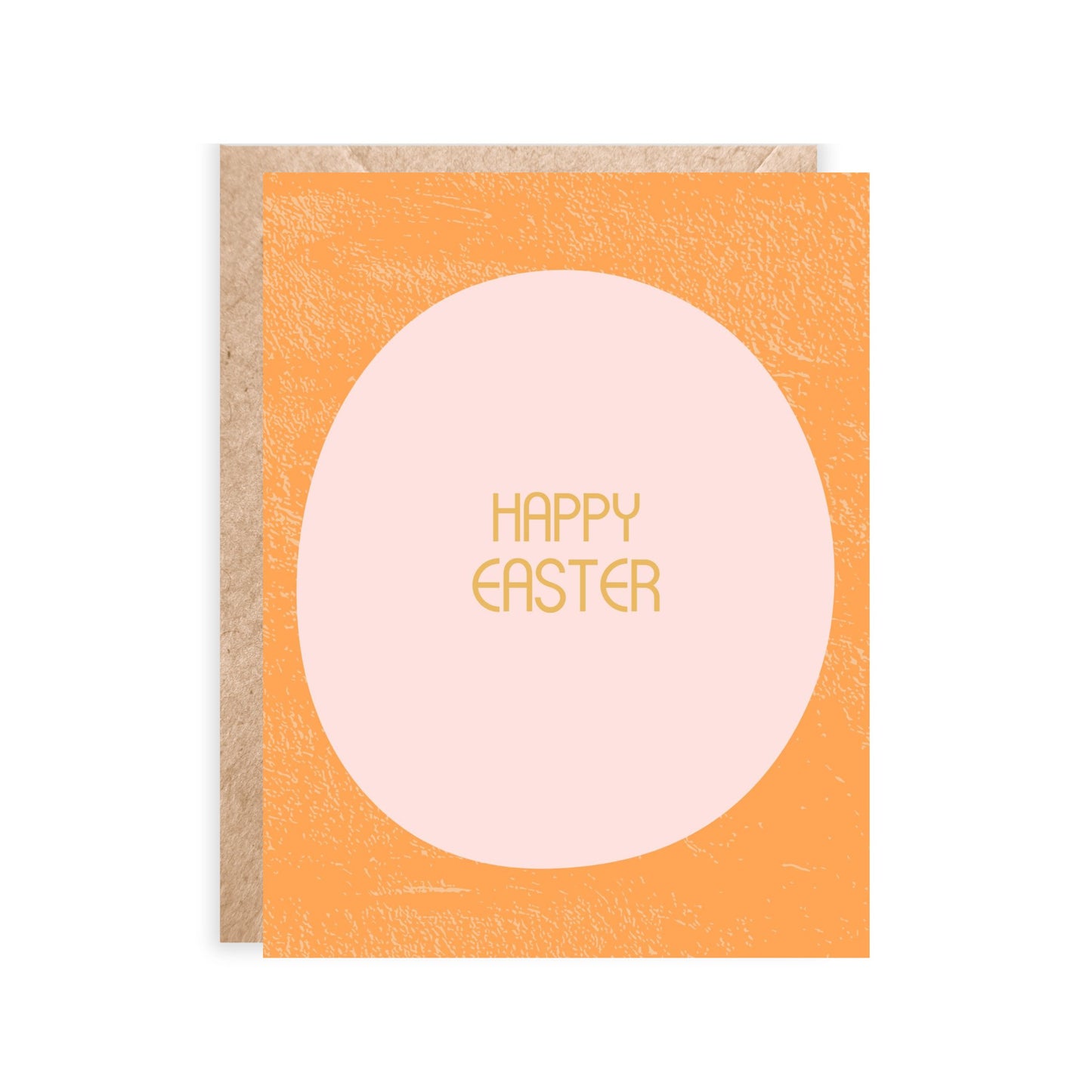 Portrait card. orange background with a light pink oval shape with happy easter in the middle