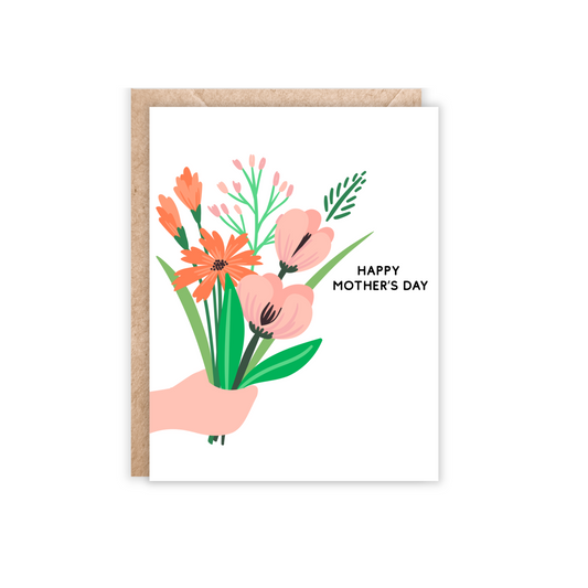 Happy Mother's day card with a hand holding a bouqet of flowers in peach, orange and green