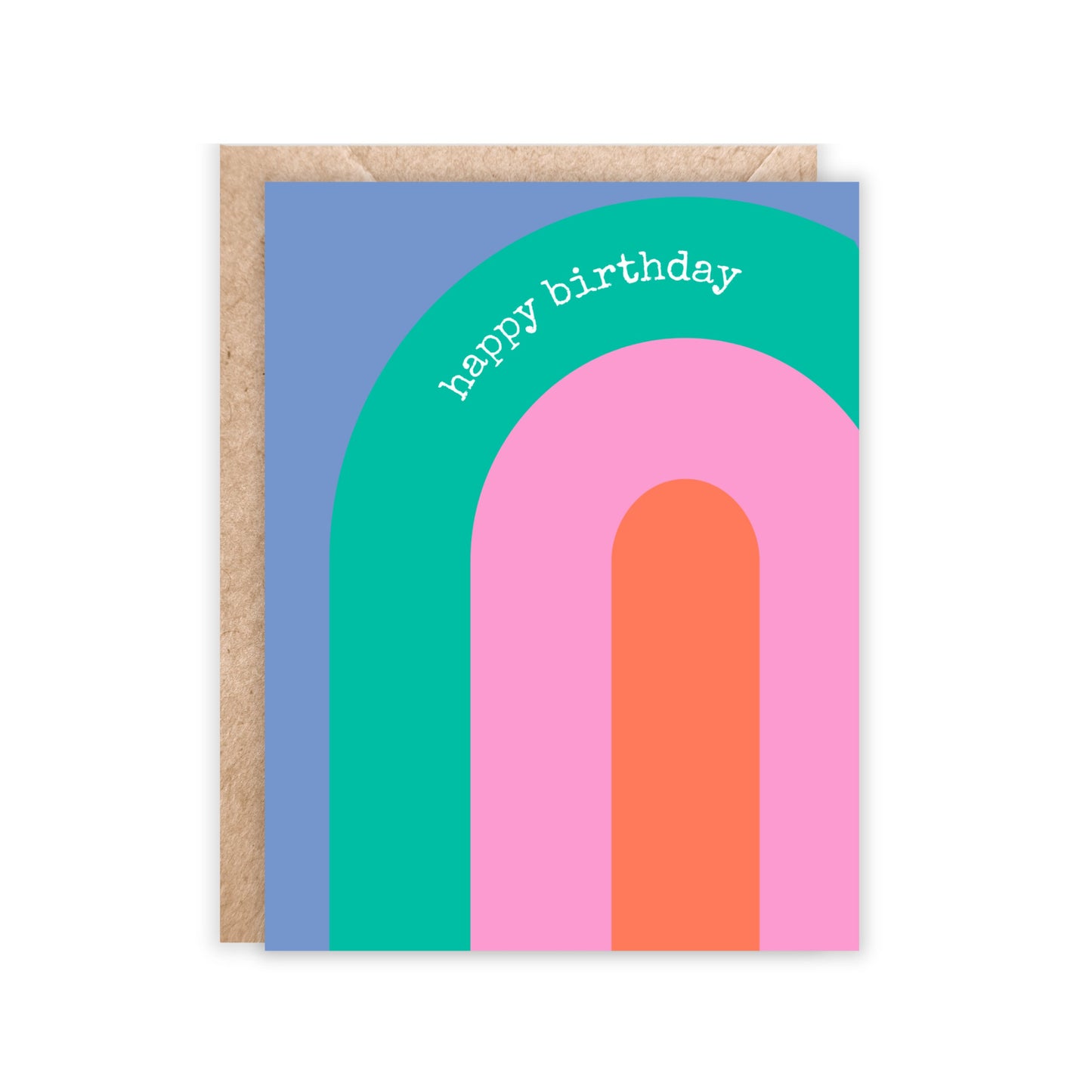 greeting card in portrait orientation. rainbow pattern in the colors of pink, orange, teal and blue. text says happy birthday