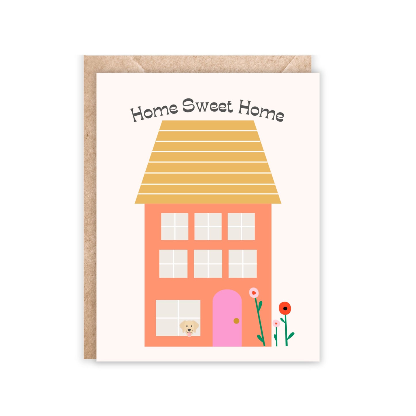 Greeting card. Portrait orientation. Cute house in orange and yellow with flowers in one corner and a cute puppy looking out the window. Home Sweet Home is written above house