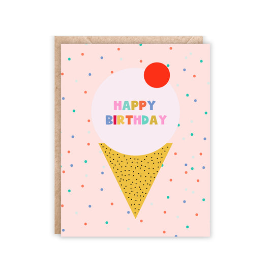 Polka dot background with ice cream cone in the middle with cherry on the side. text reads happy birthday