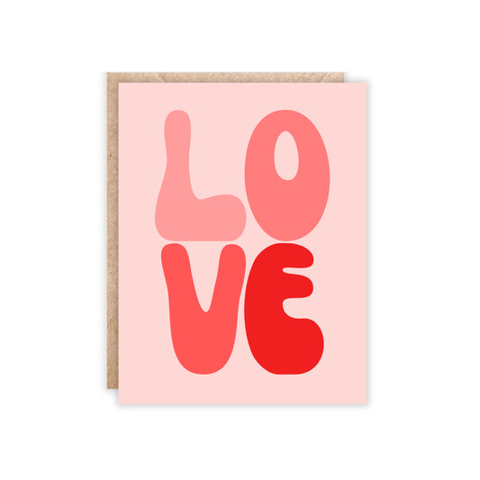 greeting card with a blush background color and LO avobe VE in big bubble retro letters stacked on top of each other