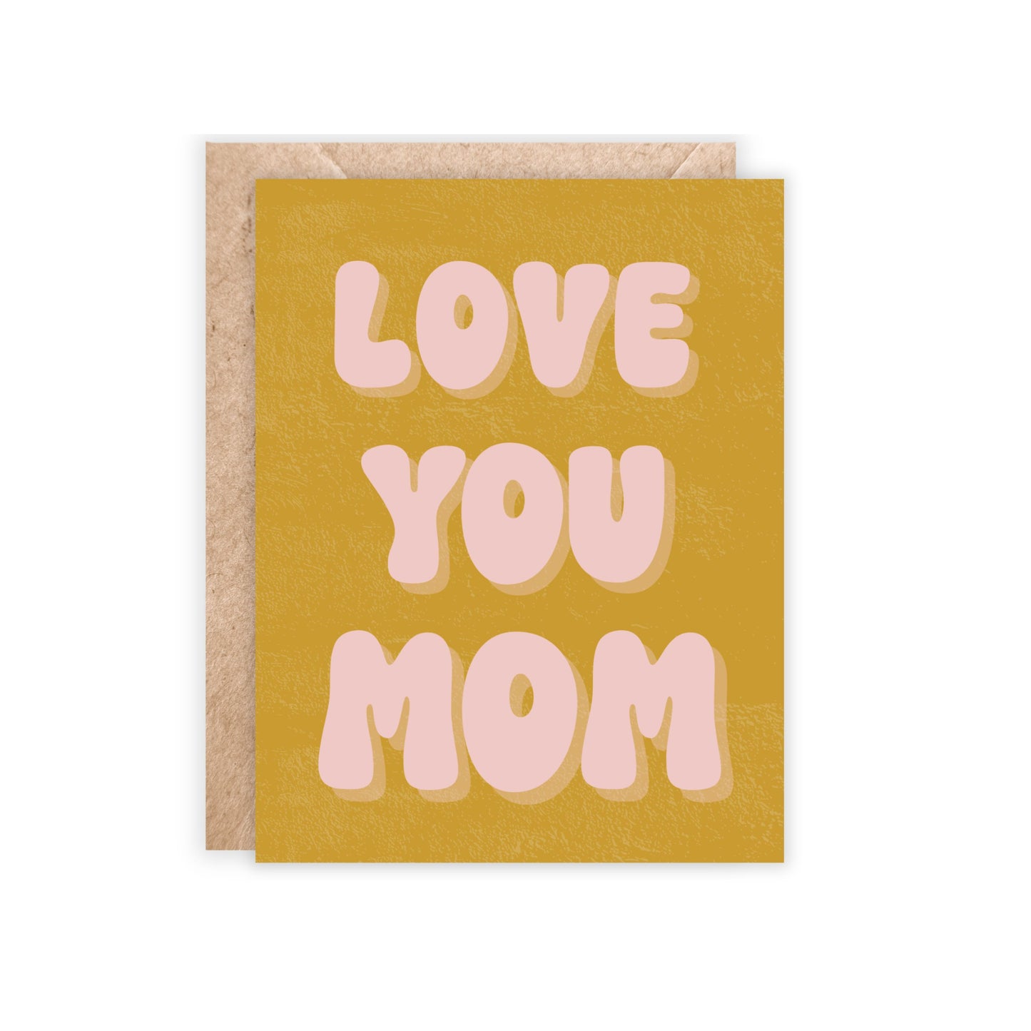 Mustard yellow and blush pink font that says love you mom in big retro font letters.