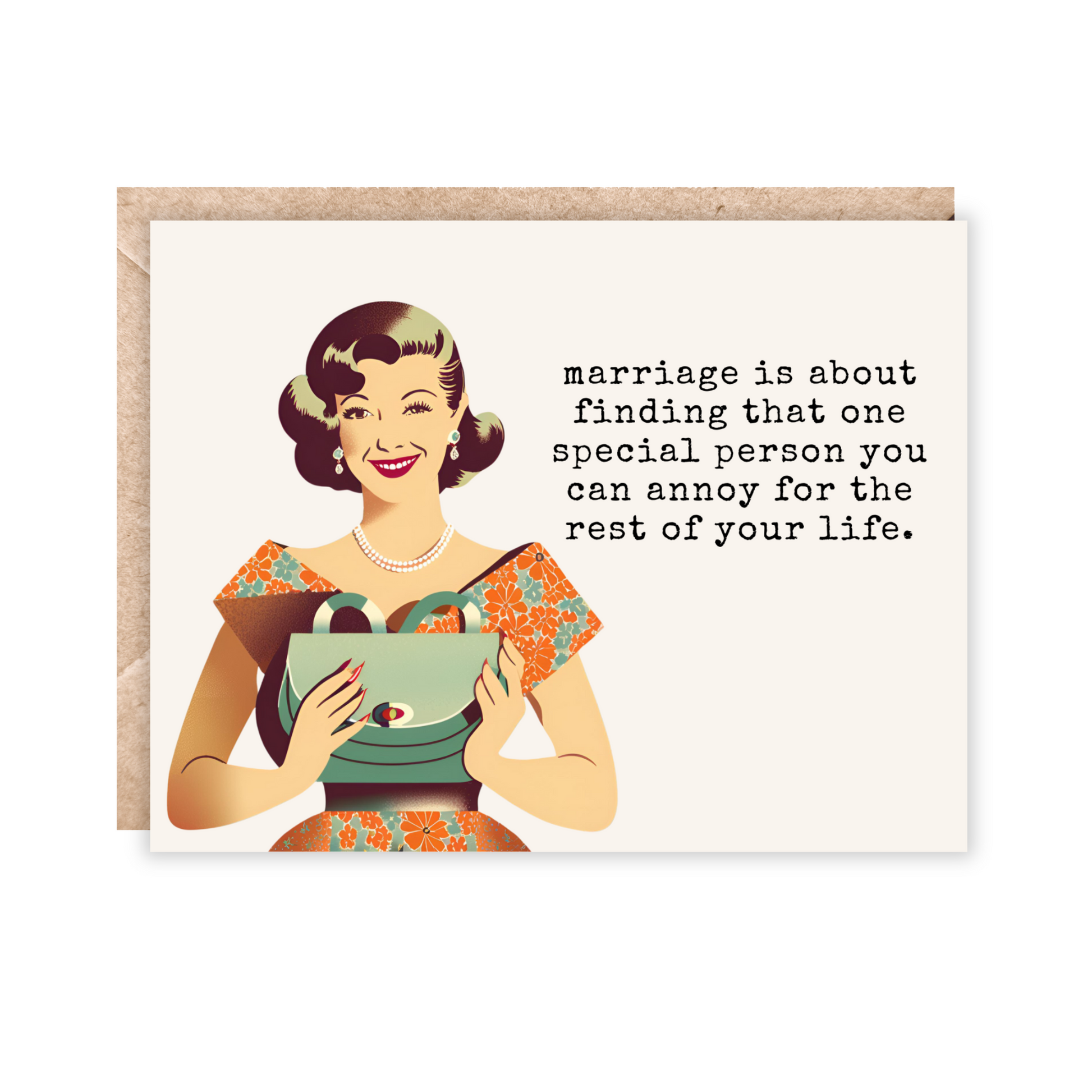 Mockup of greeting card with kraft envelope in landscape orientation that says 'marriage is about finding that one special someone you can annoy for the rest of your life. Has a vintage lady on the side. 