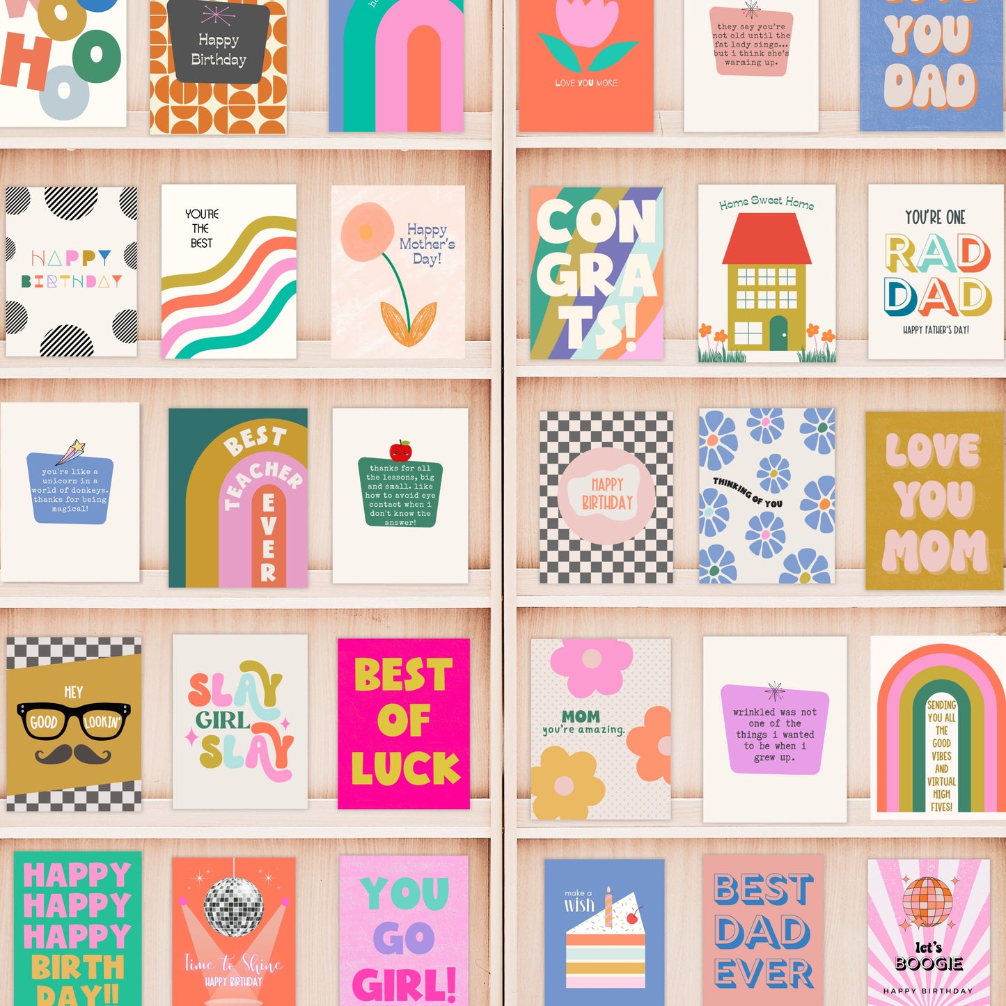 A variety of greeting cards shown on a shelf