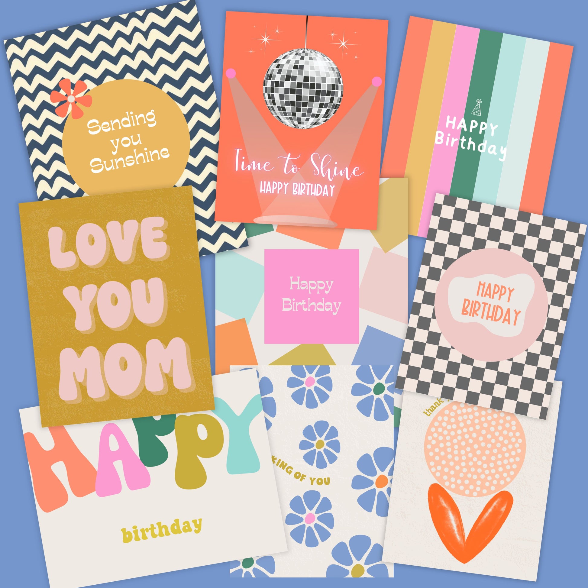 Shows a variety of greeting cards.