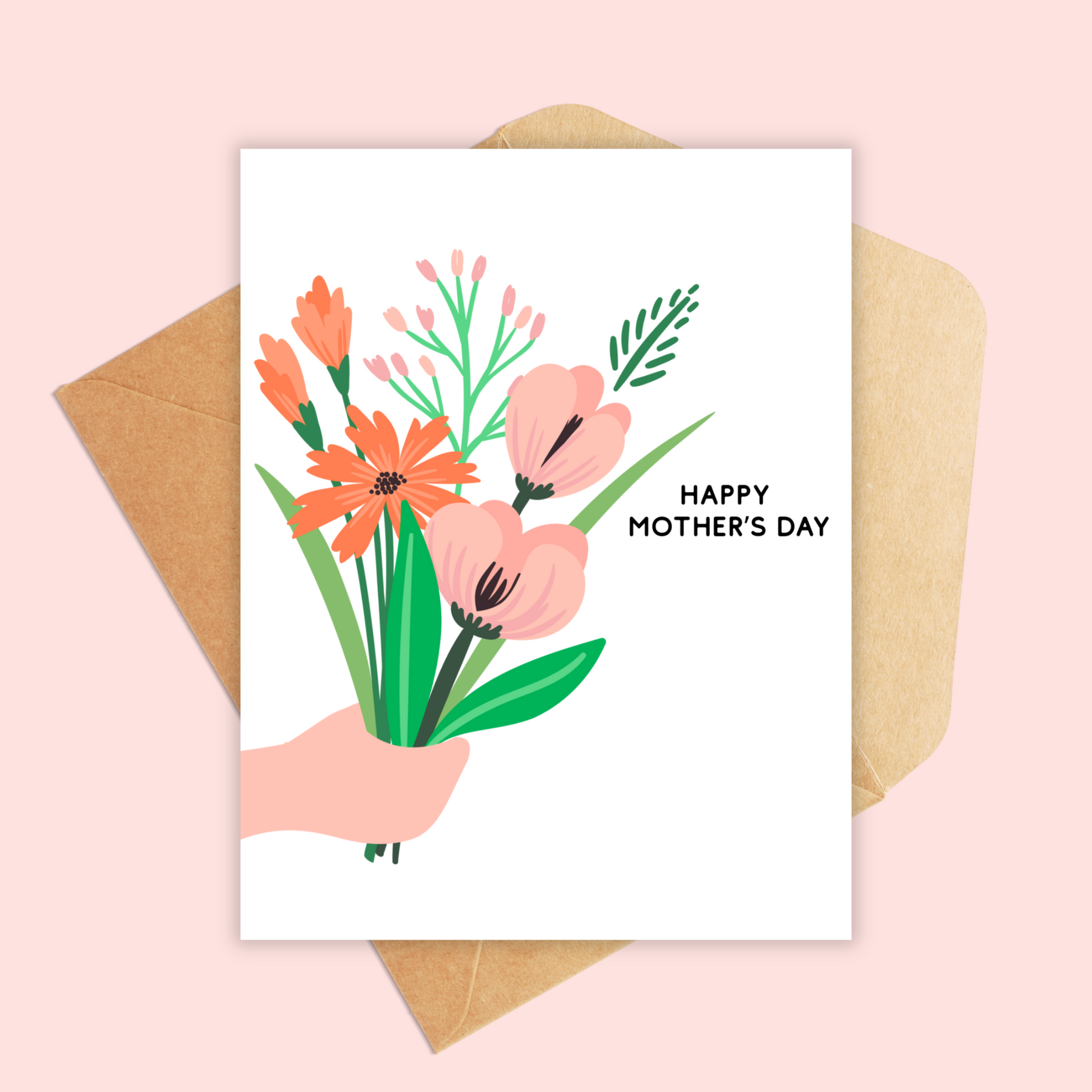 Happy Mother's day card with a hand holding a bouqet of flowers in peach, orange and green