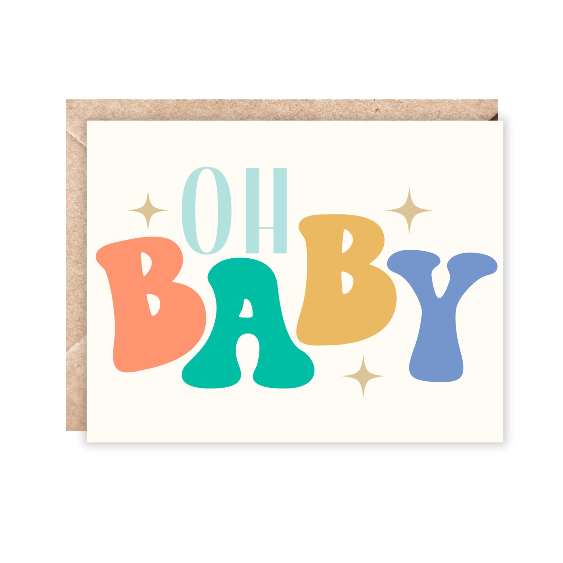 landsape card. text says oh baby with baby in big retro bubble letters. colors are orange, green, blue and yellow.