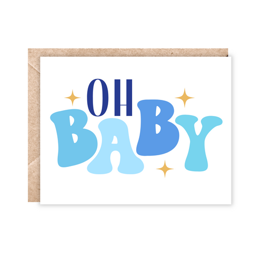 White landscape card with Oh Baby text in retro bubble letters in different shades of blue