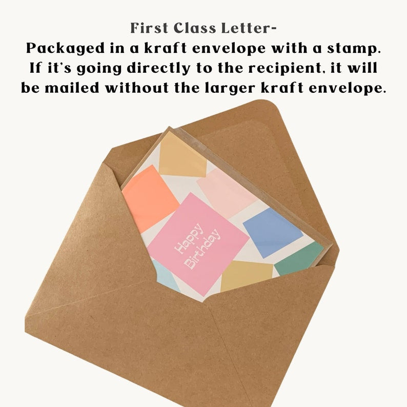 Shows a greeting card packaged in a larger kraft envelope