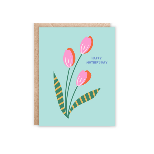 Greeting card with blue background and pink and orange tulips. Text reads Happy Mother's day