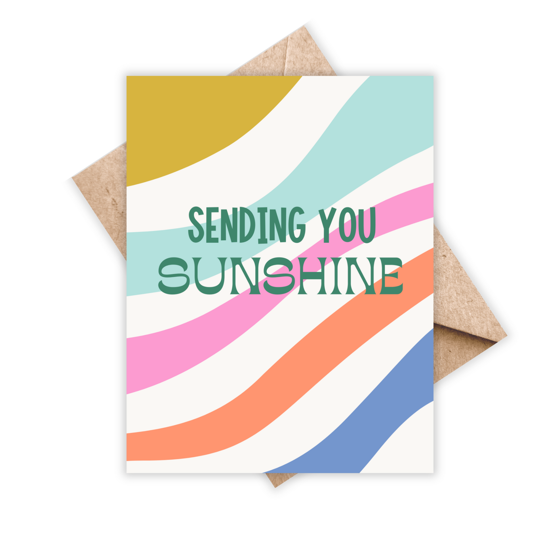 Greeting card with curvy lines across the card in yellow, pink, mint, orange and blue. text reads sending you sunshine