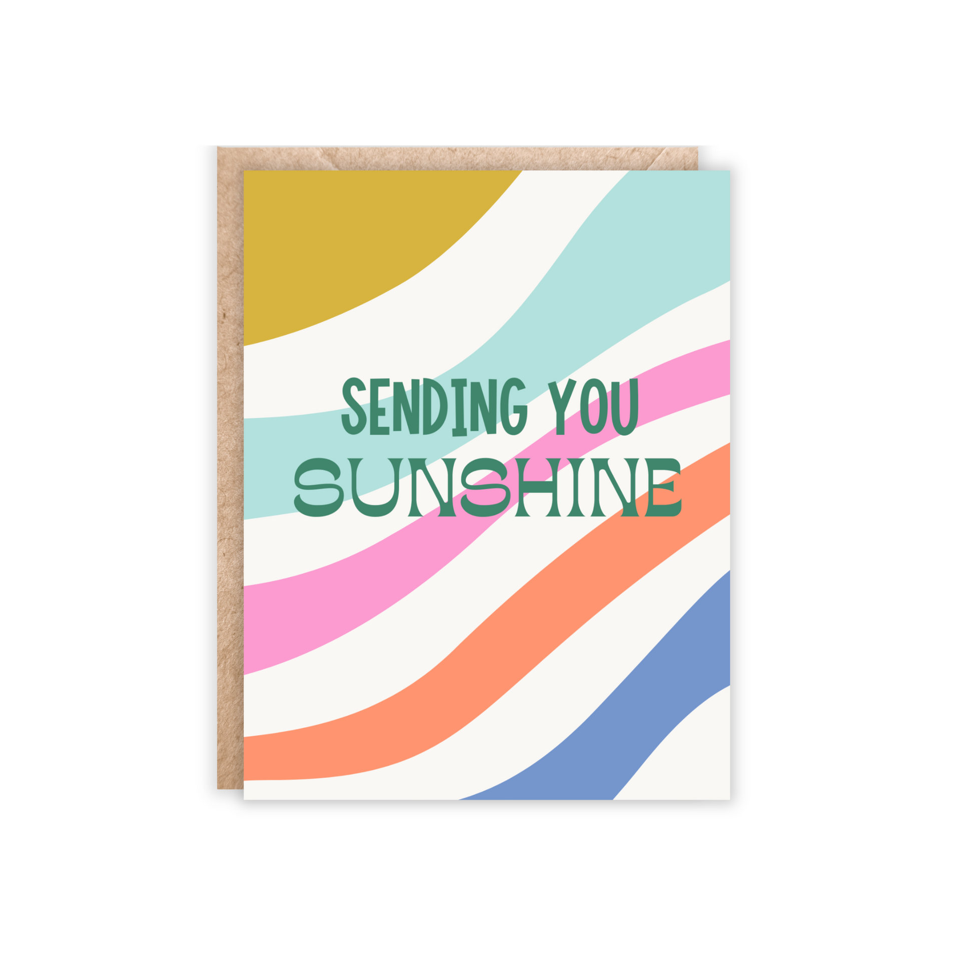 Greeting card with curvy lines across the card in yellow, pink, mint, orange and blue. text reads sending you sunshine