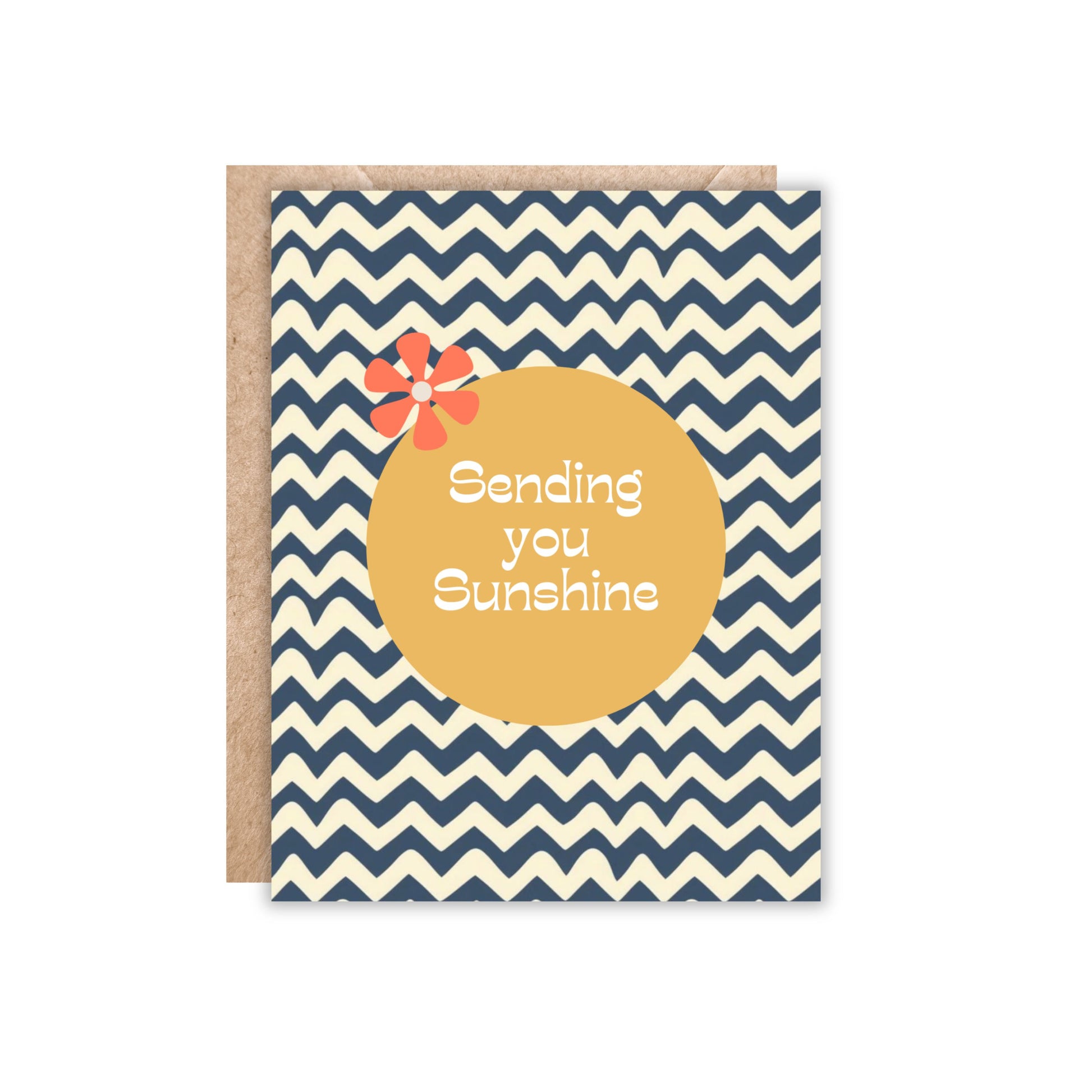 card with navy chevron background and yellow circle in the middle with tiny orange daisy flower. text says sending you sunshine