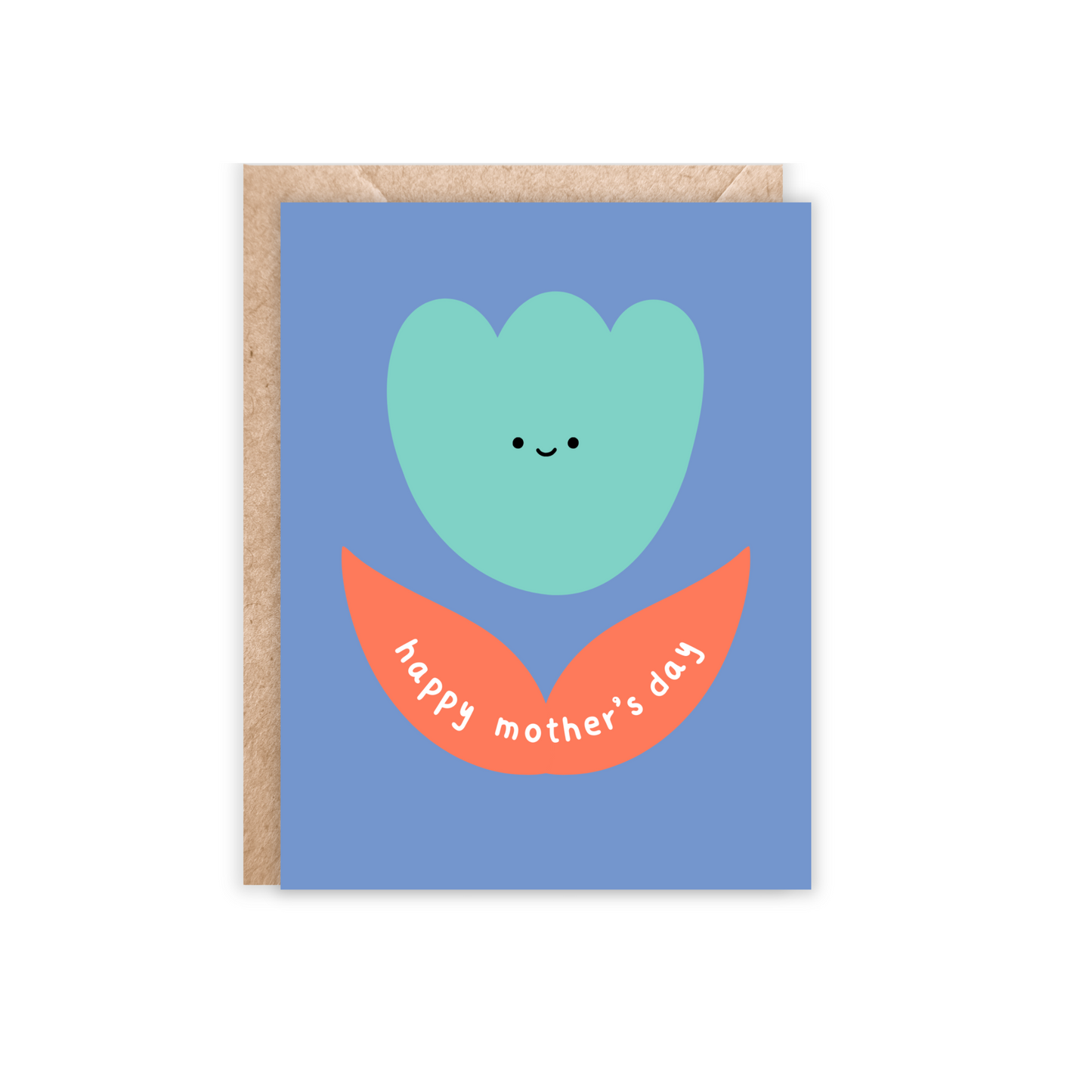 Greeting card with blue background and an orange and teal abstract tulip. Has a tiny smiley face and happy mother's day written in the leaves. 