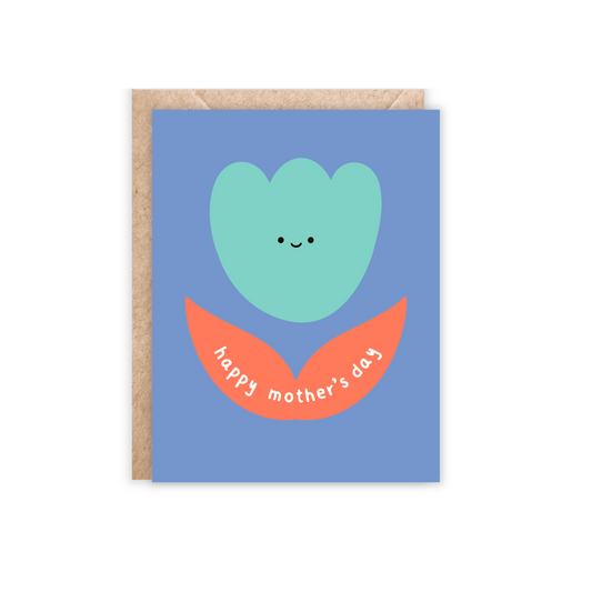 Greeting card with blue background and an orange and teal abstract tulip. Has a tiny smiley face and happy mother's day written in the leaves. 