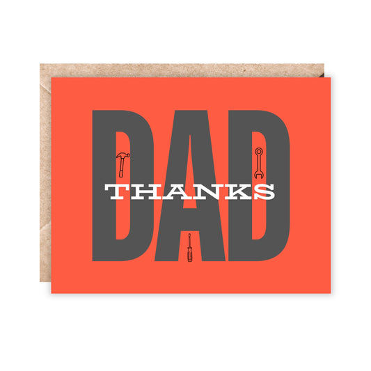 orange card with dad in big black letters and thanks written across it. Tiny tools in the letters